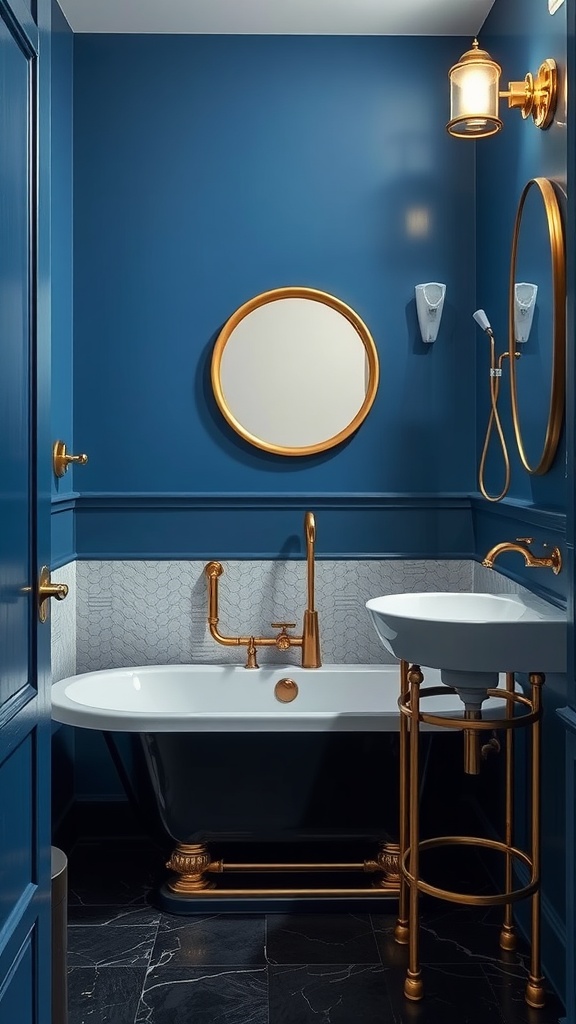 A stylish blue and black bathroom featuring gold fixtures