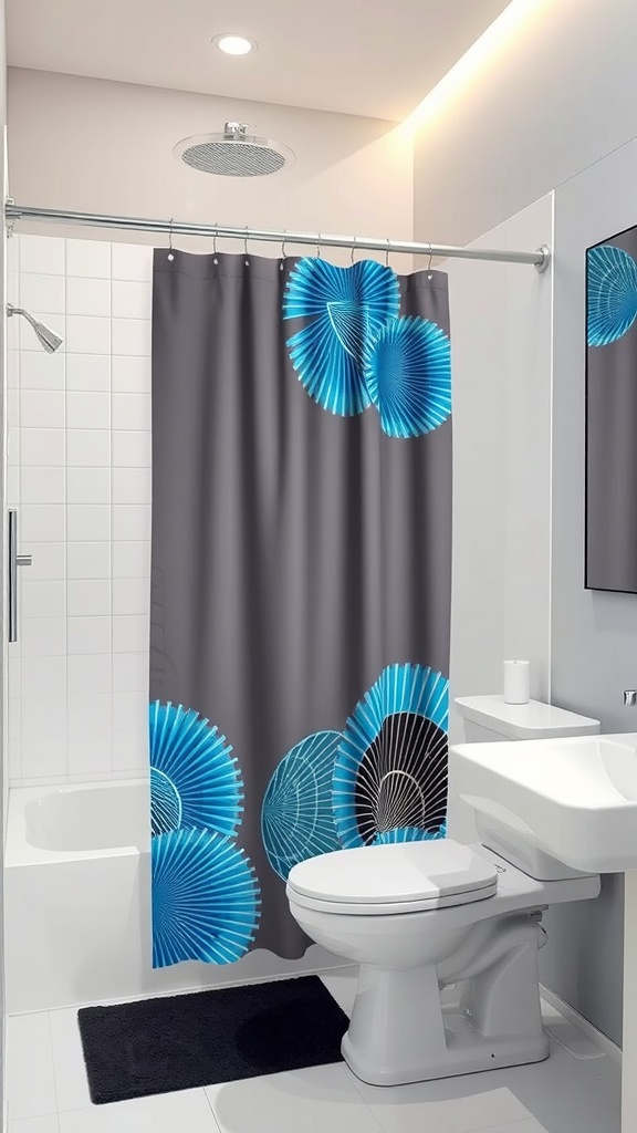 A modern bathroom featuring a blue and black shower curtain with decorative patterns.