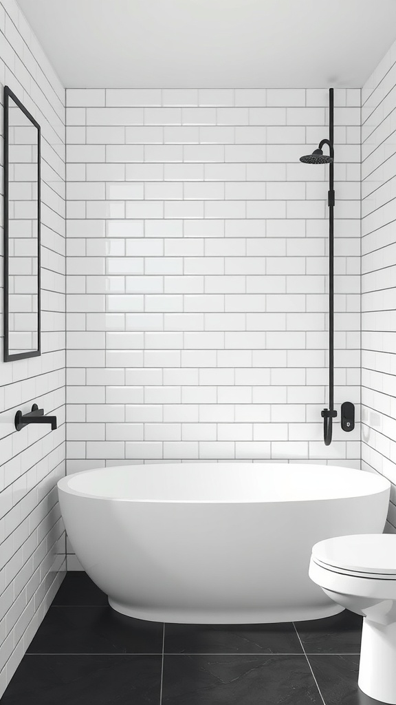 A modern minimalist bathroom with white tiles, black grout, a freestanding bathtub, and sleek black fixtures.