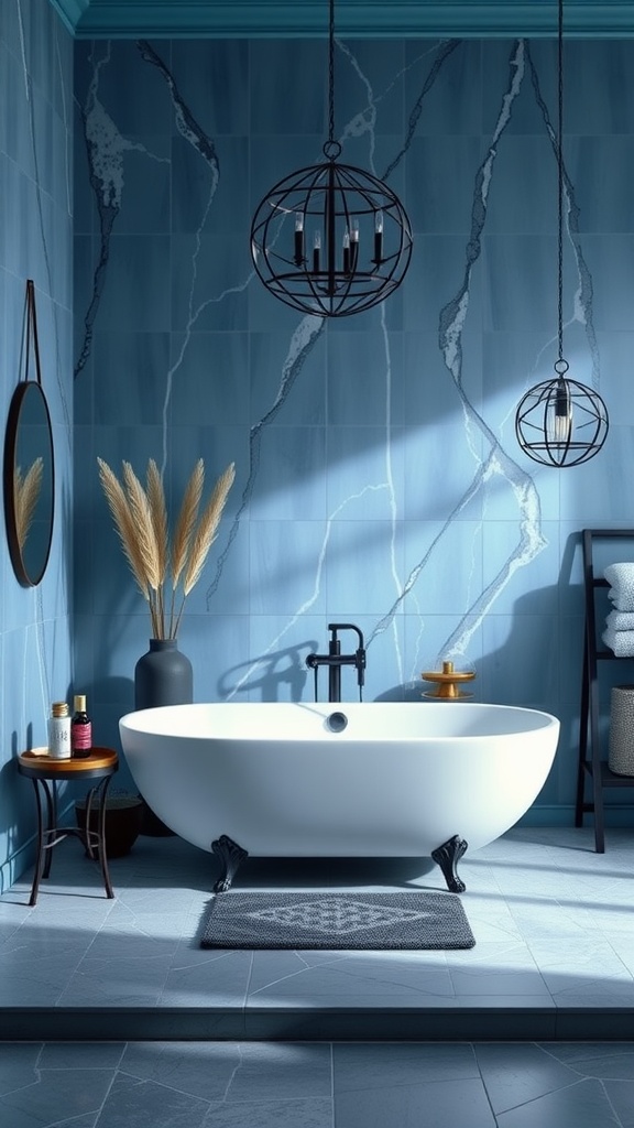 A luxurious bathroom featuring a white bathtub with blue tiled walls, elegant light fixtures, and decorative elements.