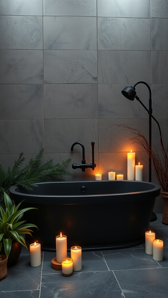 A luxurious black bathtub surrounded by candles and plants, creating a warm and inviting bathroom atmosphere.