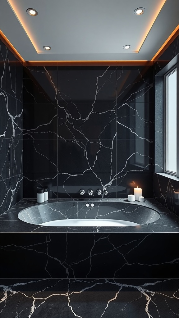 Luxurious black marble bathroom featuring a stylish bathtub and elegant lighting.