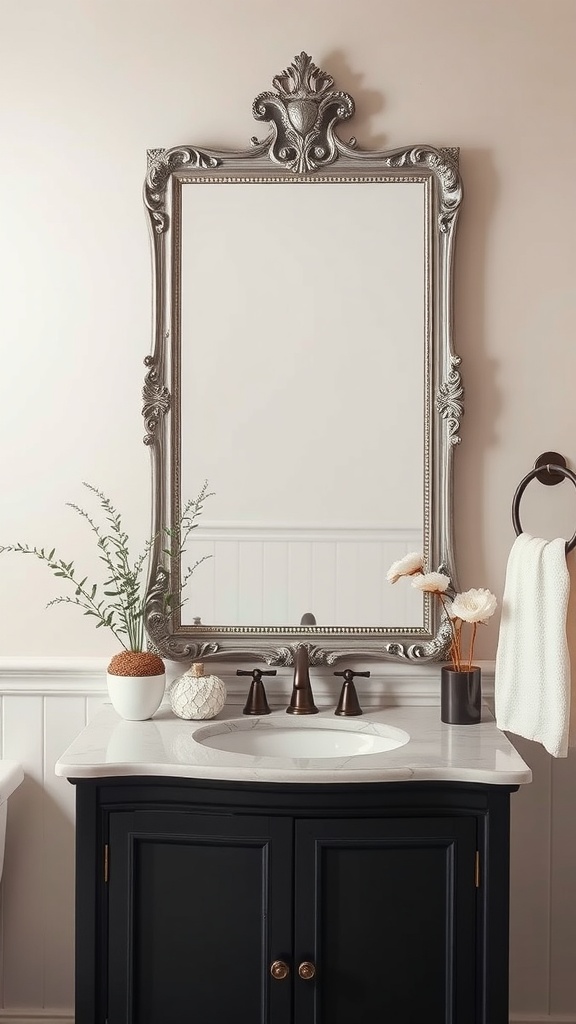 A luxurious silver mirror with an ornate frame above a black vanity in a bathroom.