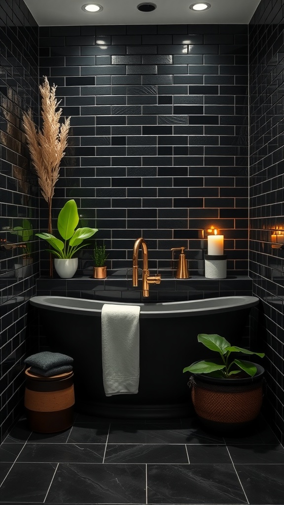 Luxurious black tile bathroom with a freestanding tub, plants, and warm lighting.