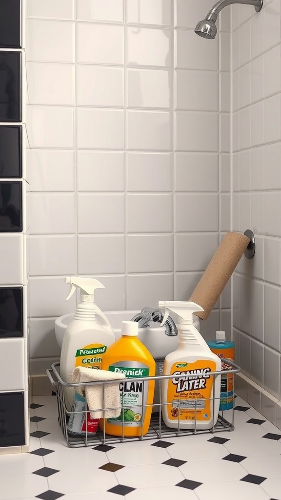 Image of cleaning supplies in a bathroom with white tiles and black grout