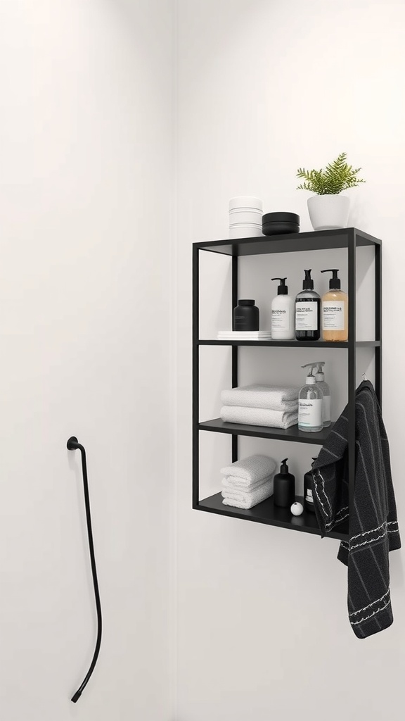 Minimalist black shelving unit with toiletries and towels in a modern bathroom