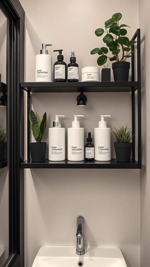 Minimalist black shelving in a bathroom displaying various skincare products and small plants.