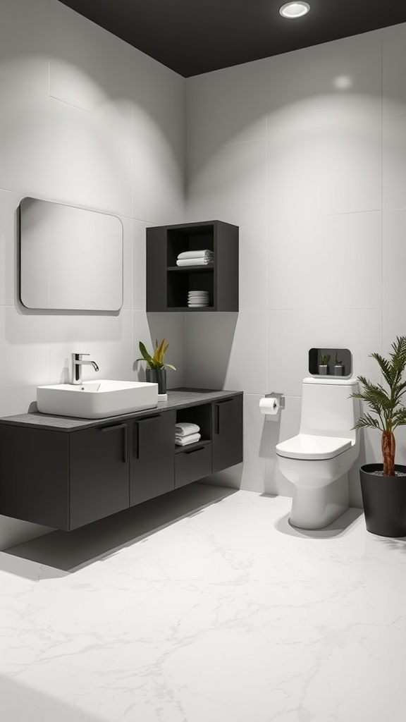 A black modern bathroom featuring minimalist storage solutions with sleek cabinetry and decor.