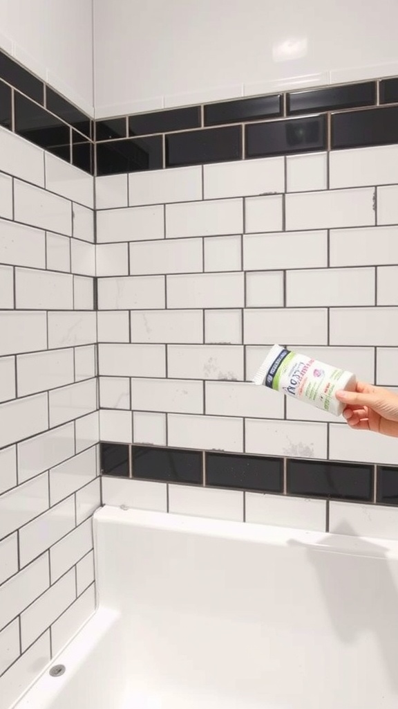 A bathroom wall featuring white tiles and black grout, with a hand holding a tube of grout cleaner.