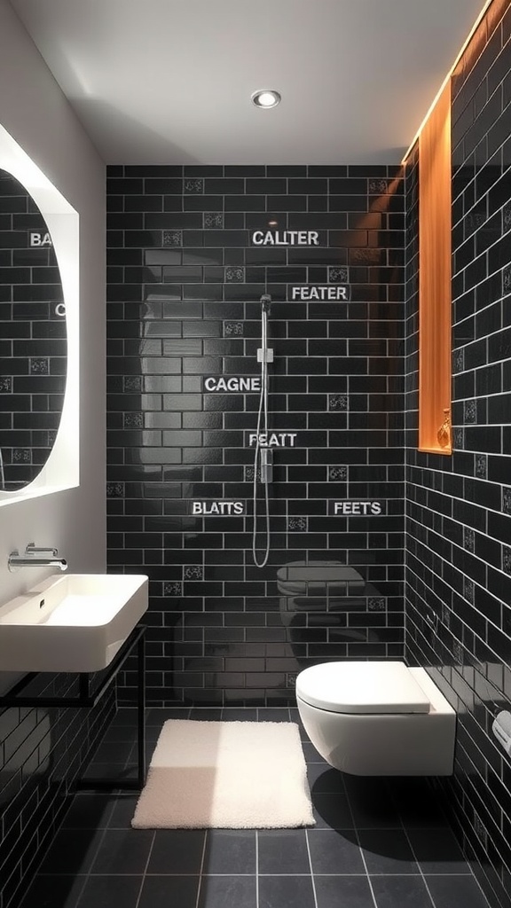 Modern black and wood accent bathroom featuring glossy black tiles, minimalist sink, and wood accents.
