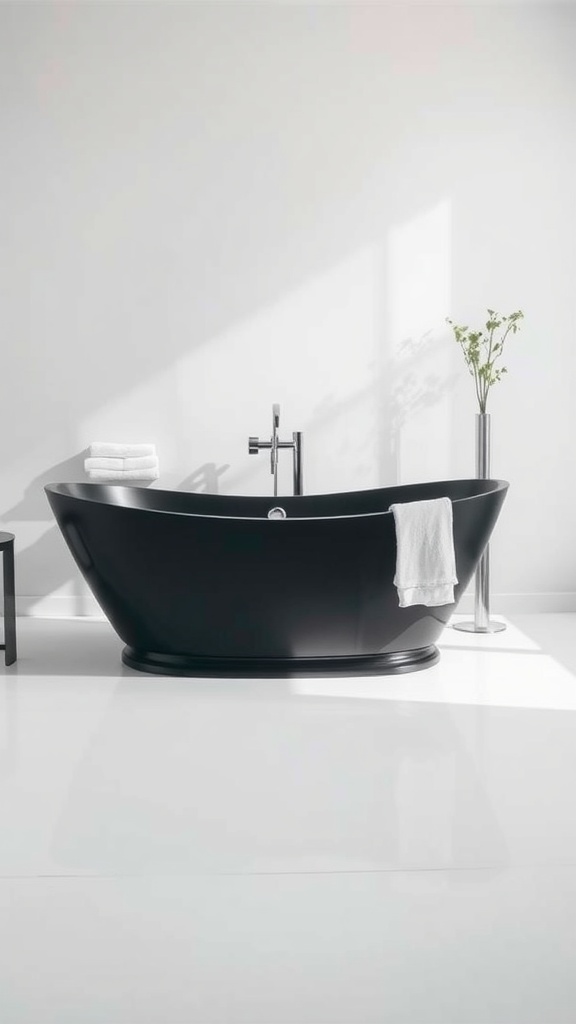 A modern black bathtub with a sleek design in a minimalist bathroom setting