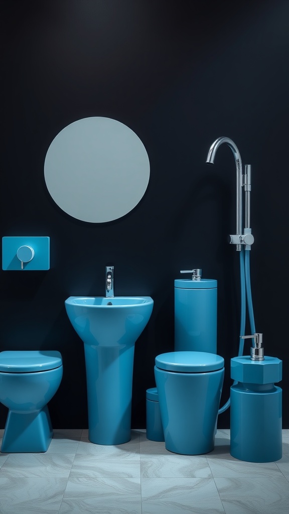 A modern bathroom featuring blue fixtures against a black wall, including a sink, toilet, and storage canisters.