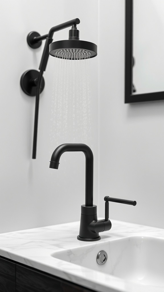 A black showerhead and faucet in a modern bathroom with a marble countertop.