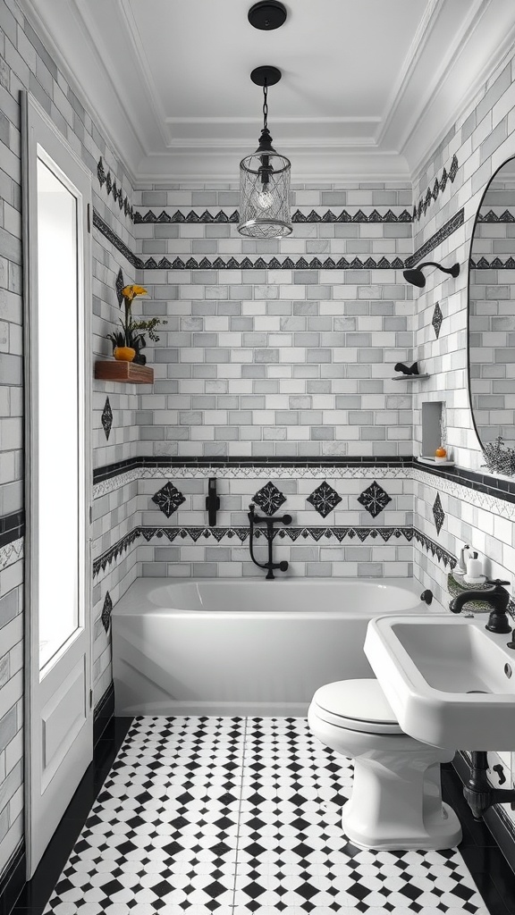 Modern black bathroom with monochrome tile patterns featuring white subway tiles, decorative black borders, and patterned black and white floor tiles.