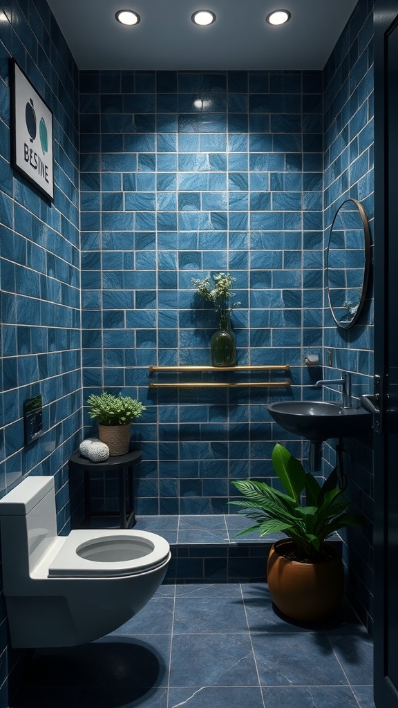 A blue and black bathroom featuring blue tiles, a small plant, and a vase of flowers.