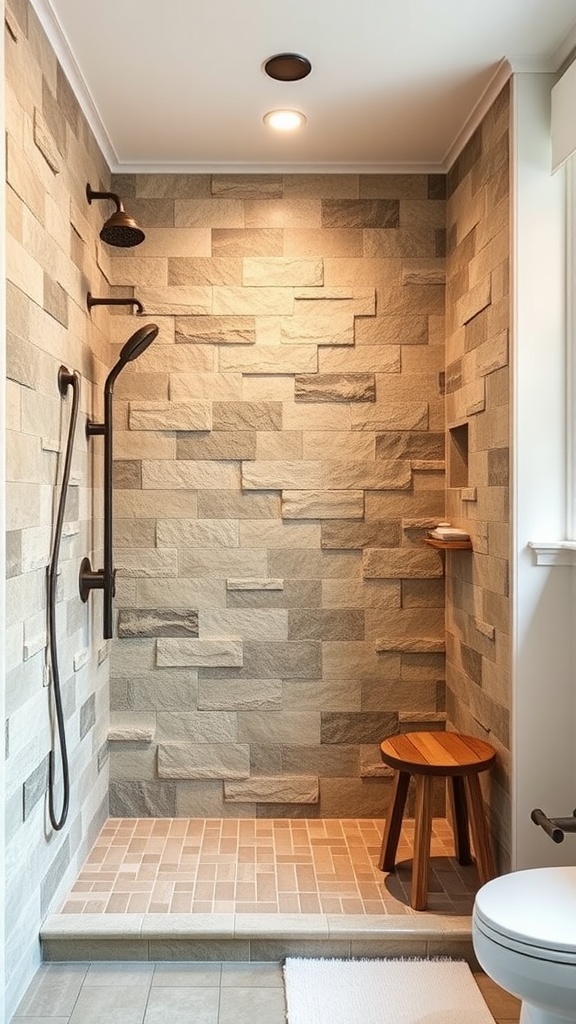 Shower with natural stone tiles in shades of gray and beige, featuring a wooden stool and stylish fixtures.
