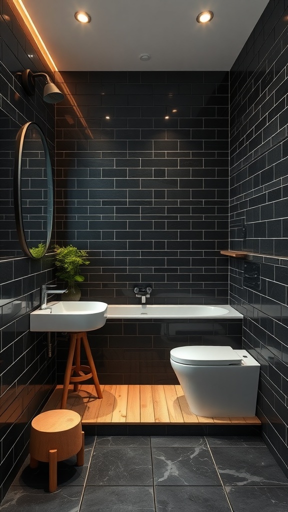 A stylish bathroom with black tile walls and natural wood accents, featuring a round mirror and plant.