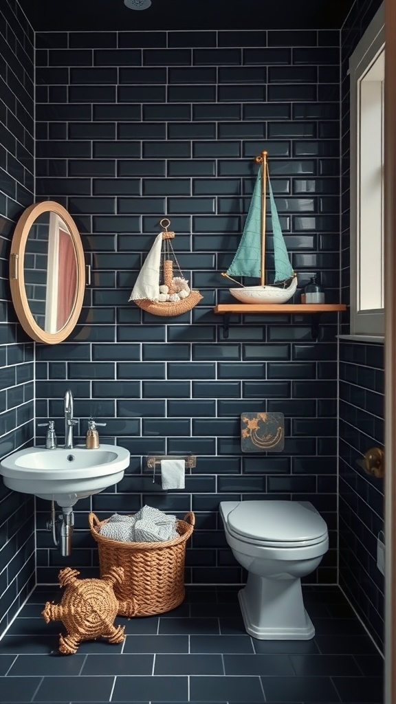 A small bathroom featuring black tiles with nautical decor elements like boats and a woven basket.