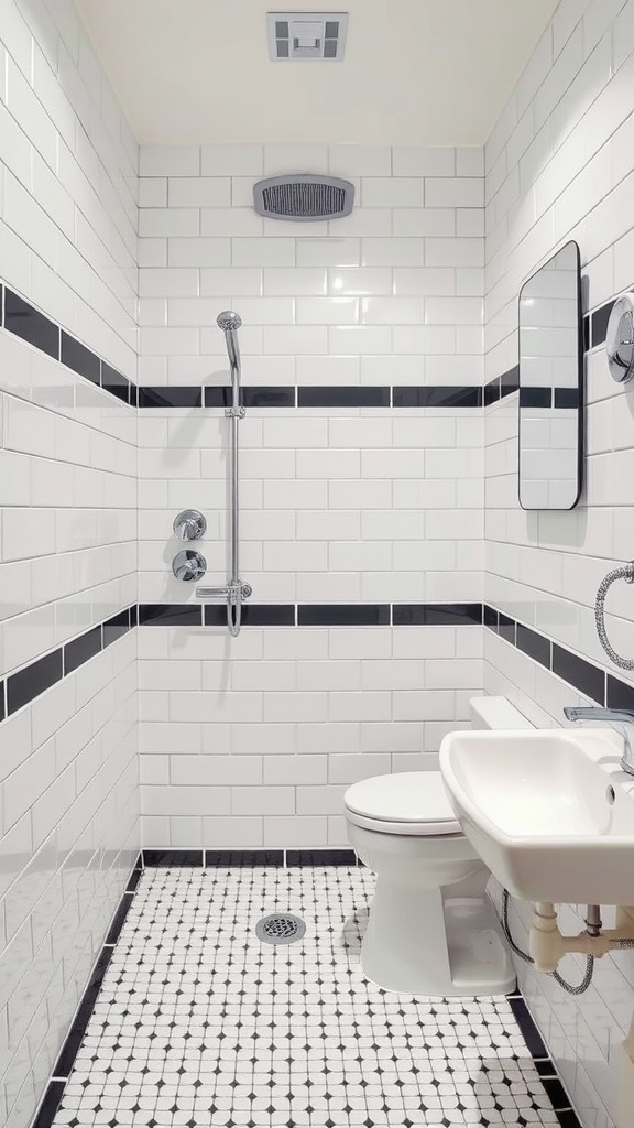 A modern bathroom with white tiles and black grout, featuring a shower, toilet, and sink.