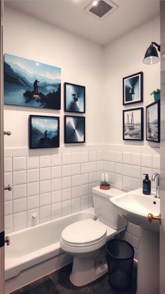 A blue and black themed bathroom with framed artwork on the walls.