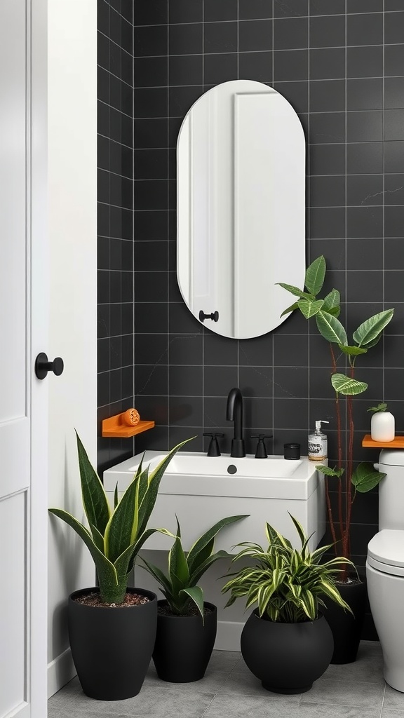 A modern black aesthetic bathroom featuring various plants in black pots, a sleek mirror, and orange accents.