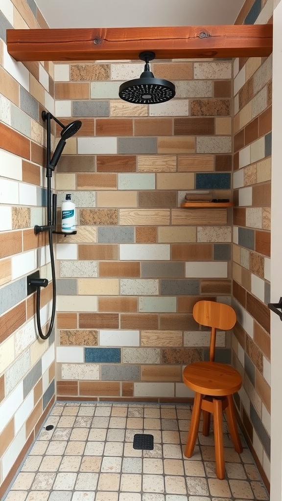 A rustic shower area featuring reclaimed material tiles in warm tones, with a wooden stool and shower fixtures.