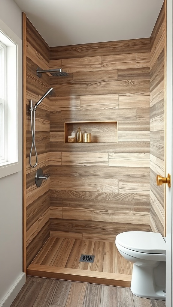 A rustic bathroom shower featuring wood-look plank tiles, a sleek showerhead, and an open shelf for toiletries.