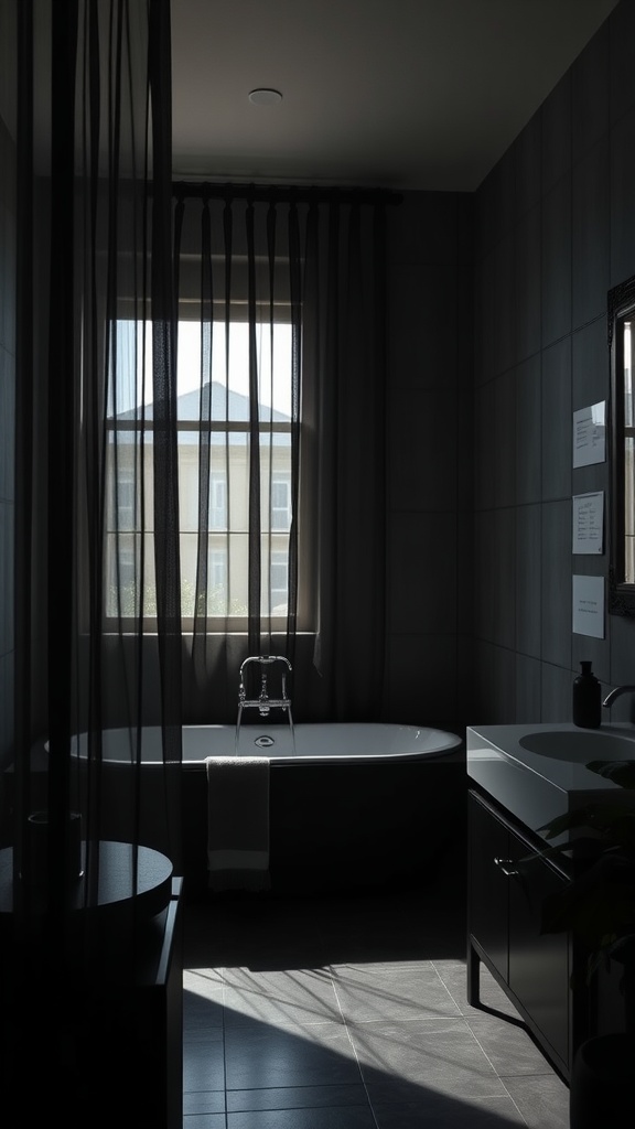 A modern black aesthetic bathroom featuring sheer black window treatments, a stylish bathtub, and dark cabinetry.