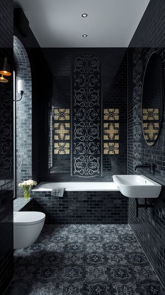 A modern black tile bathroom featuring intricate mosaic patterns, a white sink, and natural light.