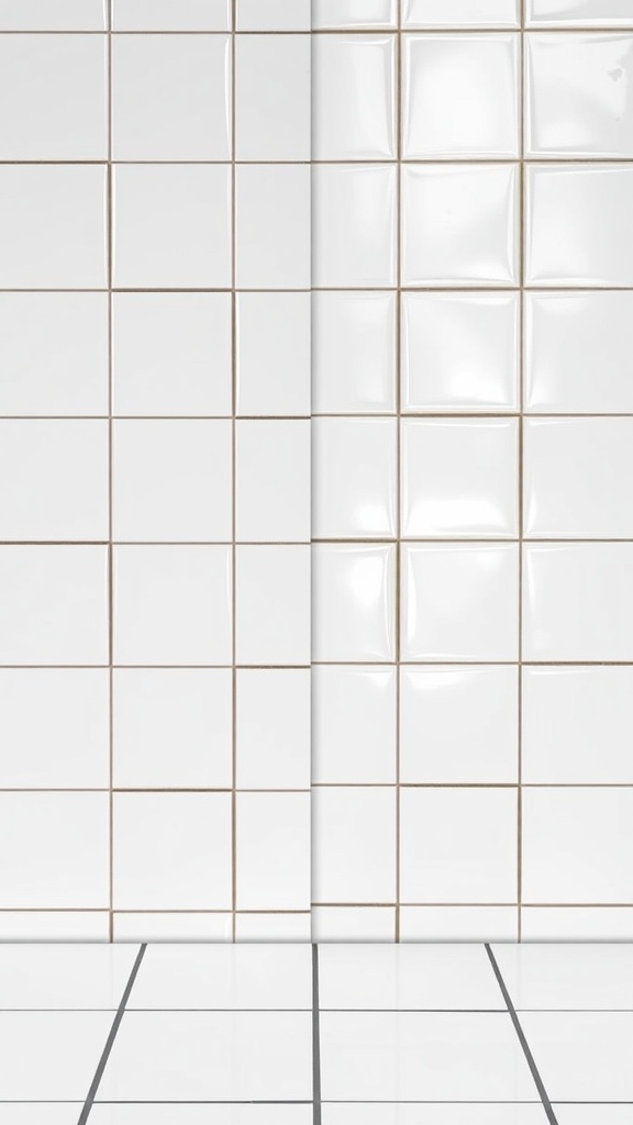 A comparison of shiny and matte white tiles with black grout in a bathroom setting.