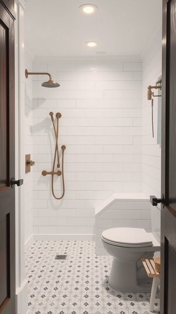 A modern farmhouse bathroom featuring shiplap wall integration with a tiled shower and patterned floor.