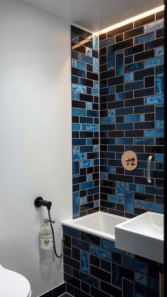 A modern bathroom featuring blue and black accent tiles with a stylish design.