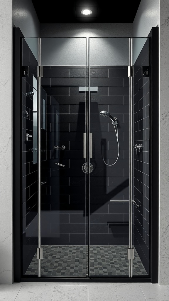 Modern black shower with glass doors and dark tiled walls