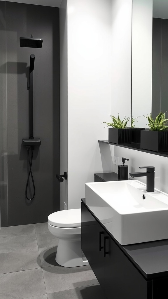 A modern bathroom with black fixtures, featuring a wall-mounted showerhead, a sleek sink, and a black vanity.