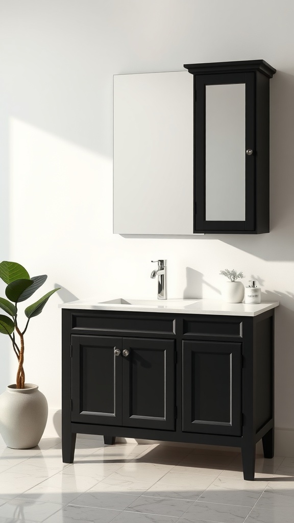 A modern black vanity unit with a white countertop, featuring a matching medicine cabinet and decorative plant