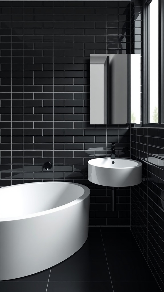 Modern black tile bathroom with white bathtub and sink
