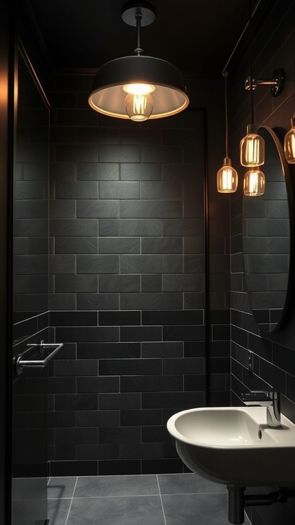 A black and silver bathroom with sleek silver lighting fixtures illuminating the space.