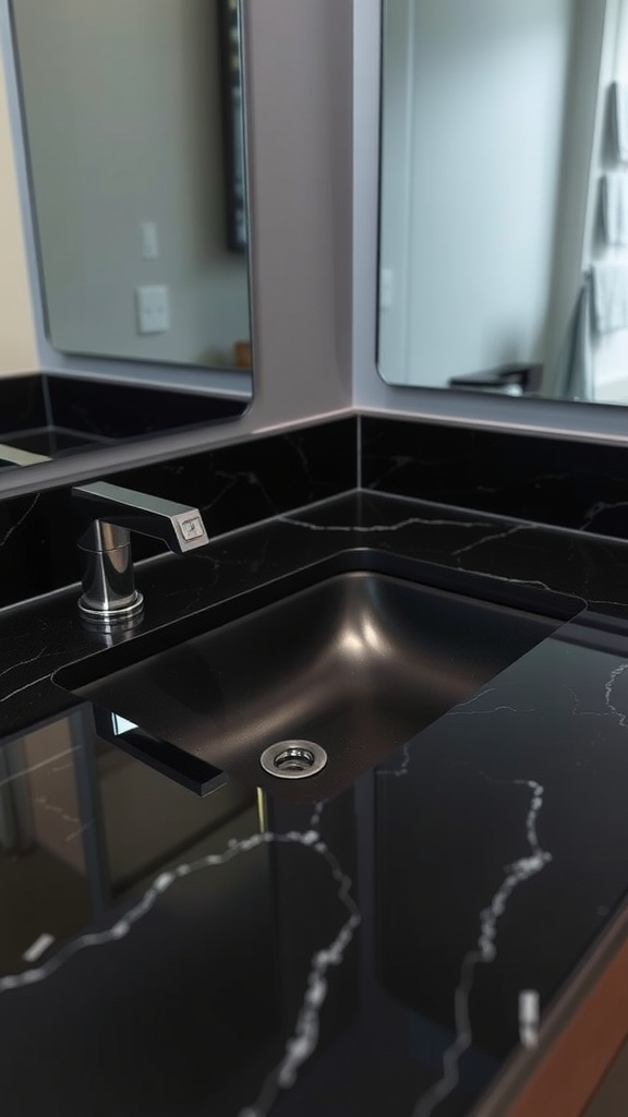 Close-up view of a modern bathroom with smooth black countertops and a sleek faucet.