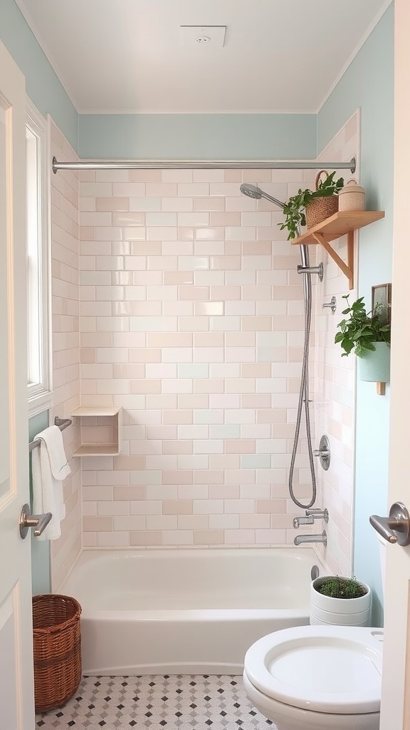 A farmhouse bathroom with soft pastel colored tiles in a shower area.