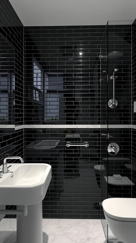 A stylish bathroom with black tiles, a white sink, and marble accents.