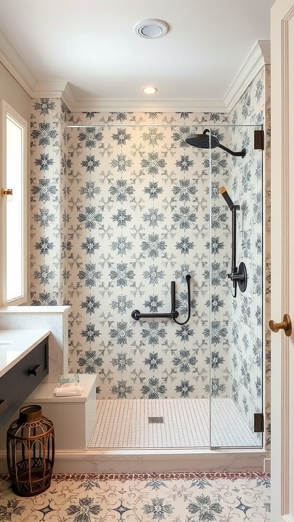 A spacious walk-in shower featuring patterned wallpaper, a glass enclosure, stylish tiles, and safety grab bars.