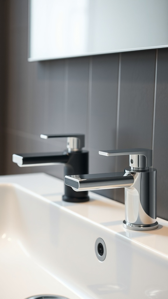 Black and silver bathroom faucets on a white sink