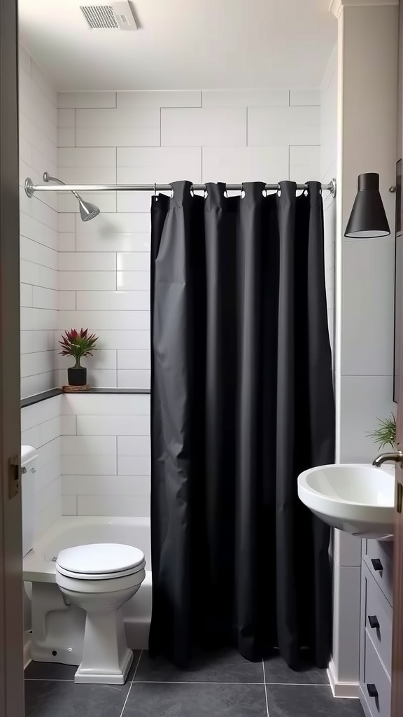 A modern bathroom featuring a black shower curtain, white tiled walls, and minimalist decor.