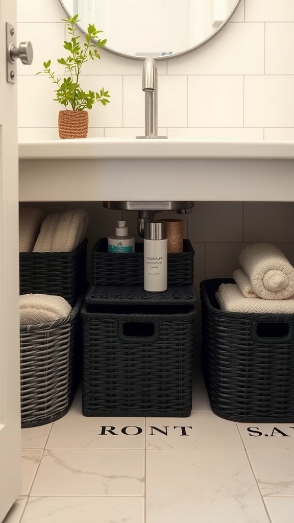 Stylish black storage baskets under a bathroom sink with towels and toiletries organized.