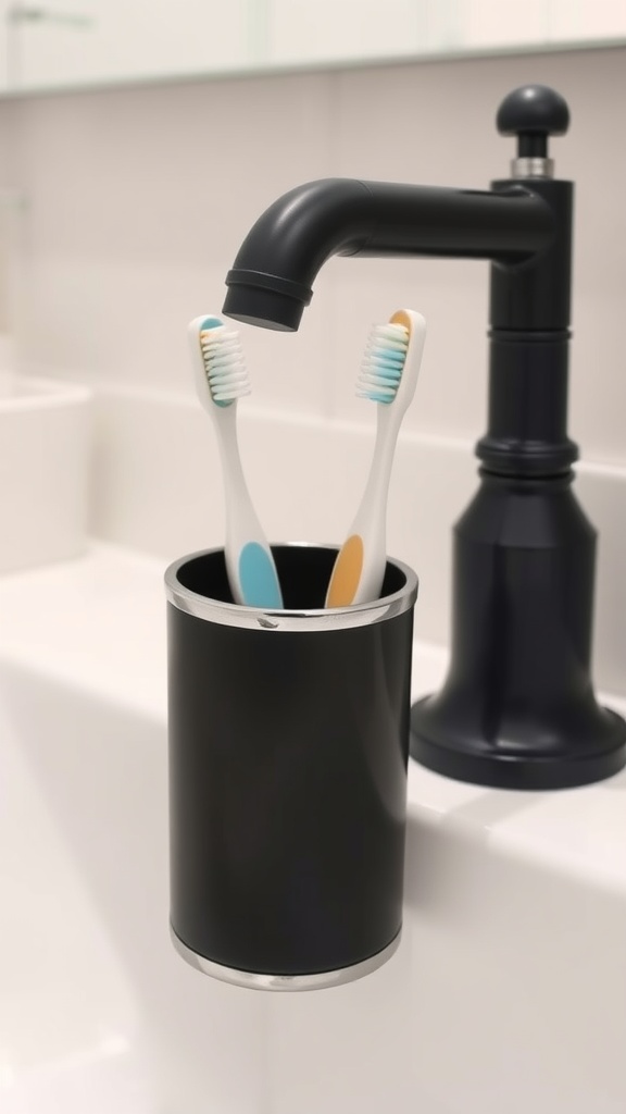 Black toothbrush holder with colorful toothbrushes near a sleek faucet.