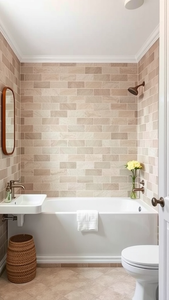 A cozy farmhouse bathroom featuring subtle earth tone tiles, modern fixtures, and fresh flowers.