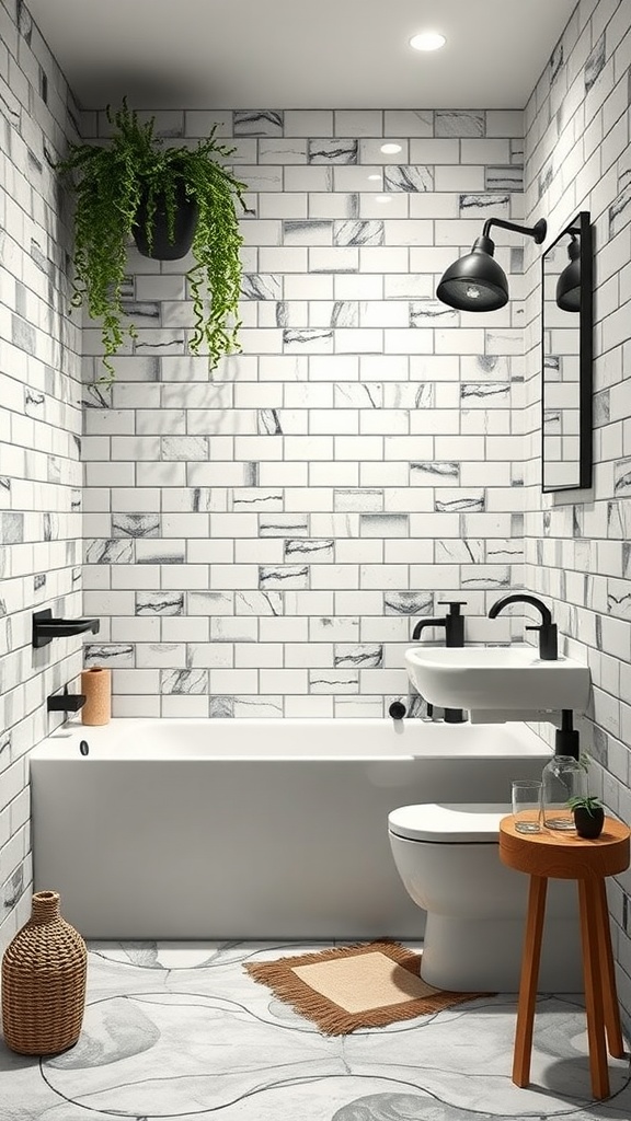 A modern bathroom featuring white tiles with black grout, a plant, and stylish fixtures.