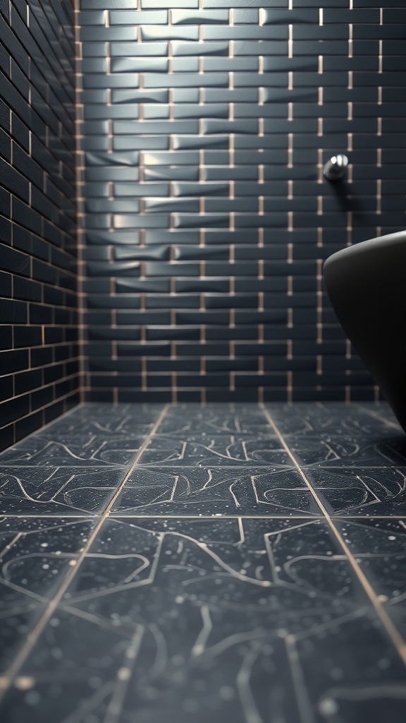 A close-up view of textured black tiles in a bathroom, showcasing a mix of wall and floor tiles.