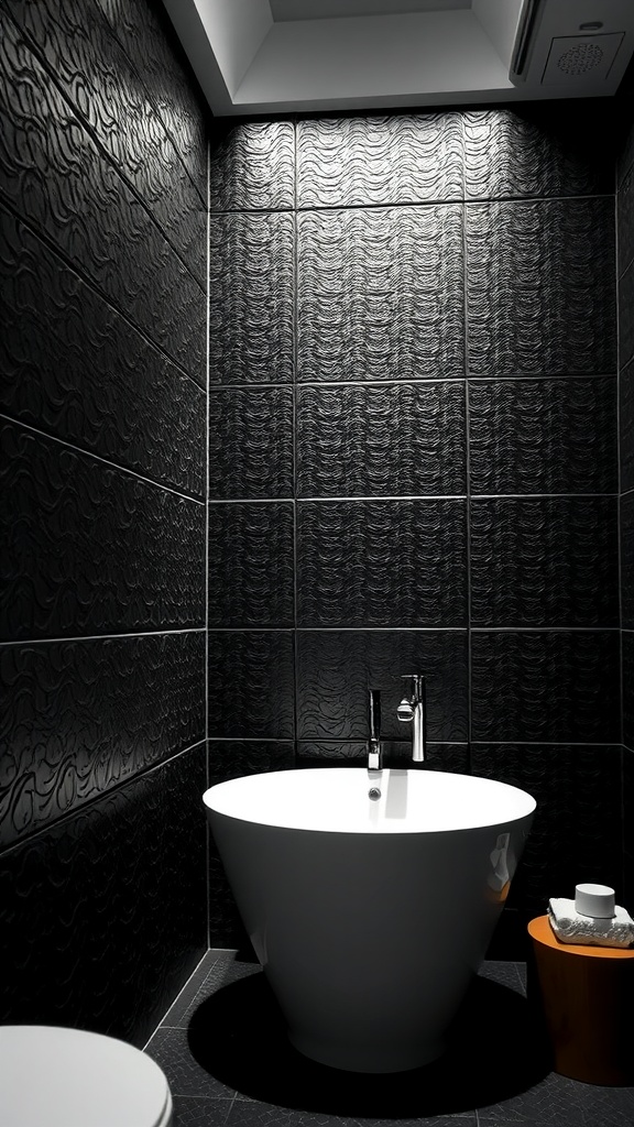 A modern bathroom featuring textured black wallpaper and a white bathtub