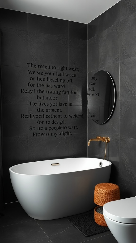 Modern bathroom with textured black walls, a white freestanding tub, and gold fixtures